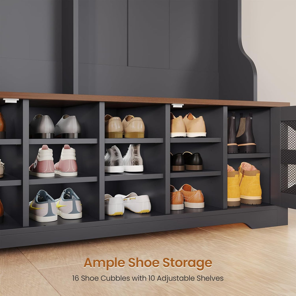 Hall Tree with Bench and Shoe Storage, 5-in-1 Entryway Bench with Coat Rack, 16 Shoe Cubbies & 12 Coat Hooks, Barn