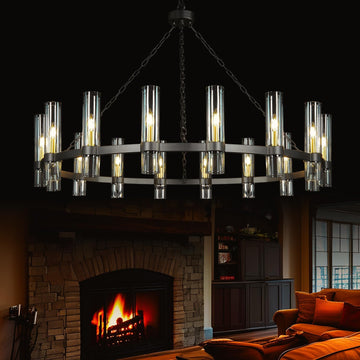 Inspired Ravelle Style Black Wagon Wheel Chandelier, 16 Light Round Industrial Pendant Lighting, Modern Farmhouse Decor Light Fixture, Hanging Lighting for Living Room Dining Room Porch Foyer Hallway, 50.39in, E12 Base