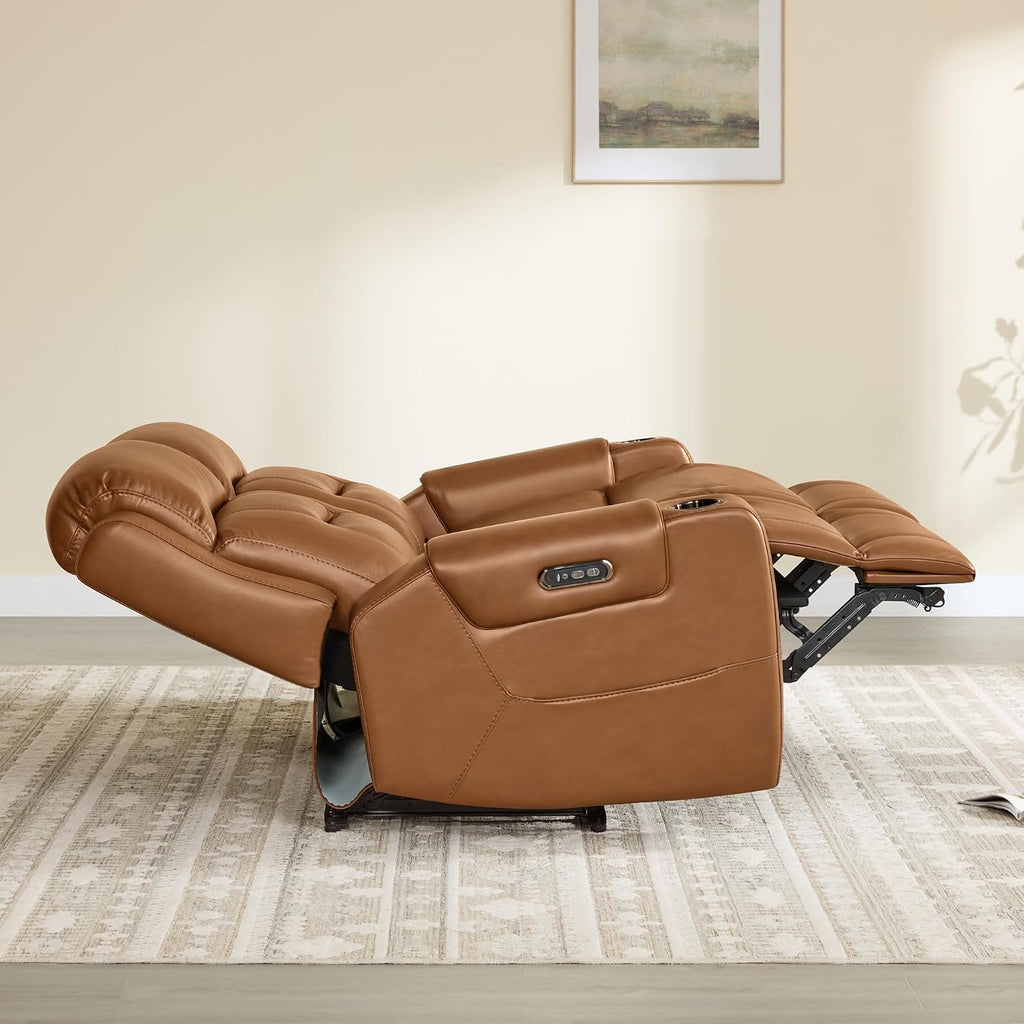 Genuine Leather Power Loveseat Recliner Sofa, Lay Flat Loveseat Reclining Sofa with Power Headrest, Cup Holders, USB