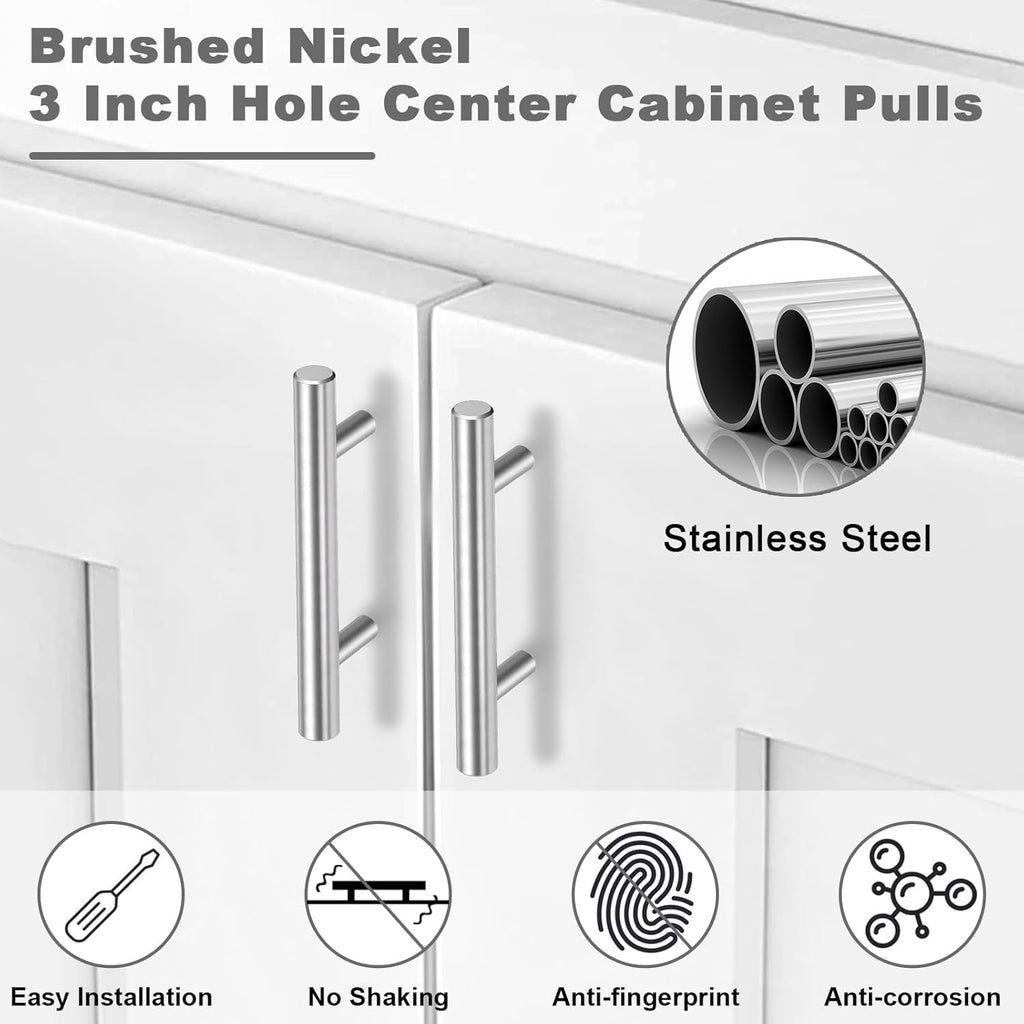 30 Pack Brushed Nickel Cabinet Handles 3 Inch Hole Center Drawer Pulls Stainless Steel Cabinet Pulls Silver Kitchen