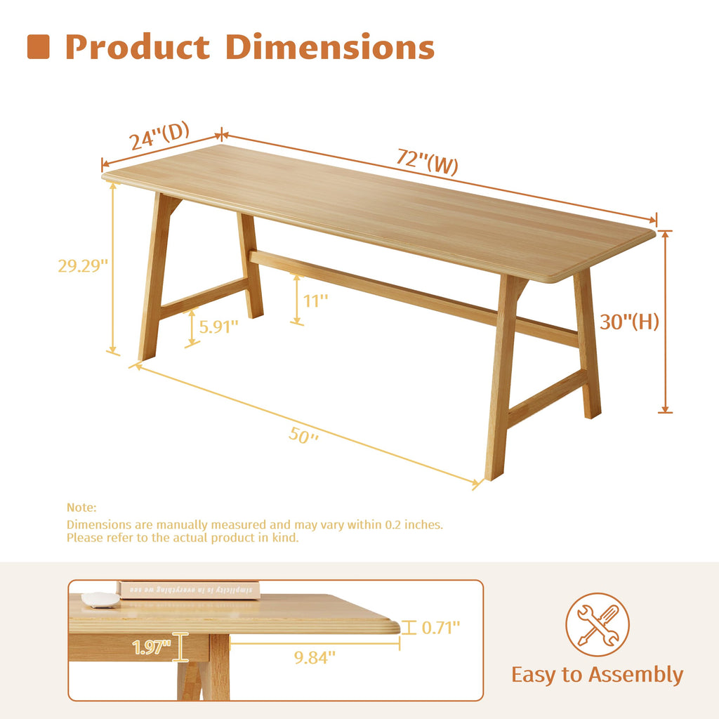 Solid Wood Writing Table - 72" W Minimalist Long Computer Desk, Oak