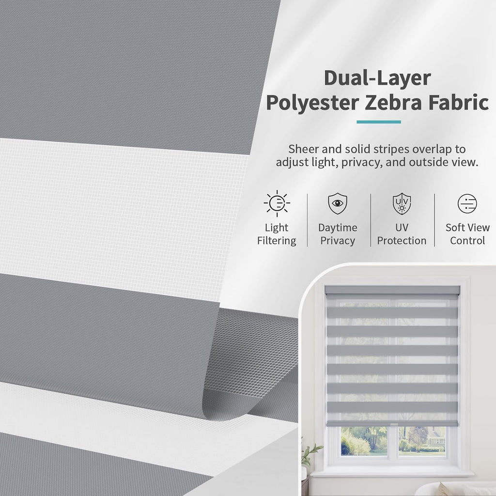 Cordless Zebra Blinds for Windows with Free-Stop(Gray,36" W x 72" H) Dual Layer Shades for Day & Night Privacy and