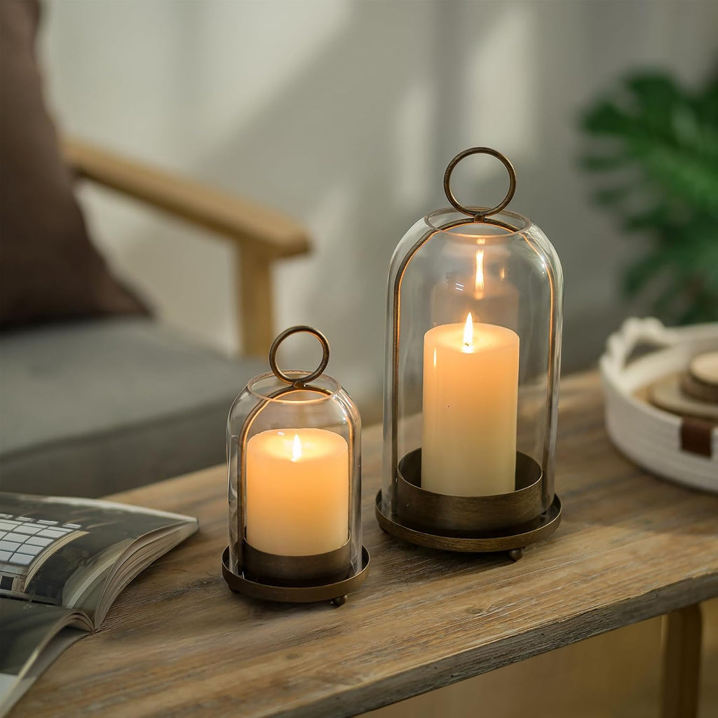 Hurricane Candle Holder Lanterns: Pillar Candle Holders Set of 2 for Outdoor - Antique Brass Metal Candleholder with