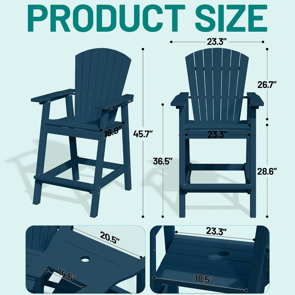 Tall Adirondack Chairs Set of 2 with Double Connecting Trays, Navy | HDPE Bar Height Outdoor Chairs with Umbrella