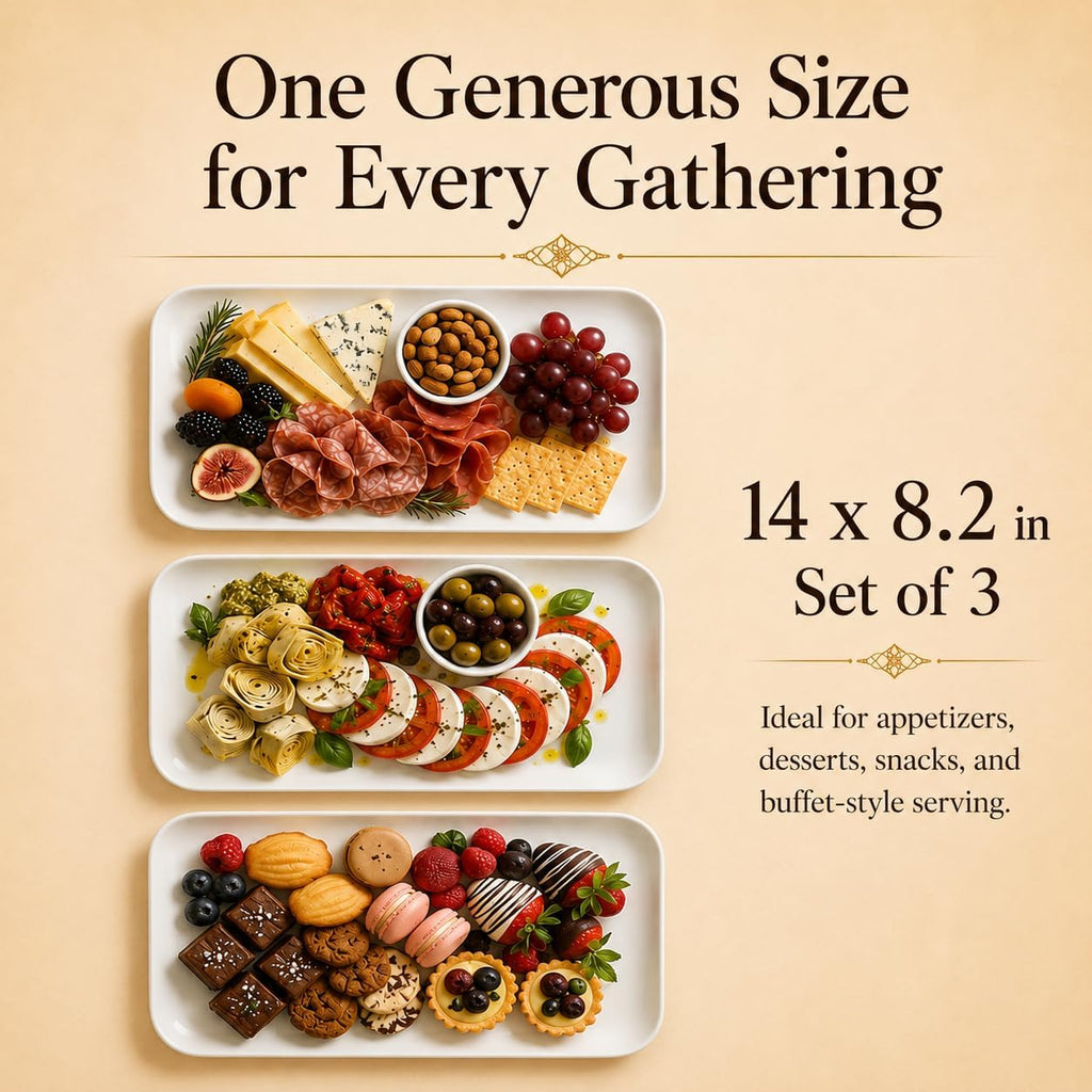 14 Inch Large Serving Platter Set of 3, White Porcelain Serving Trays for Entertaining, Rectangular Platters for