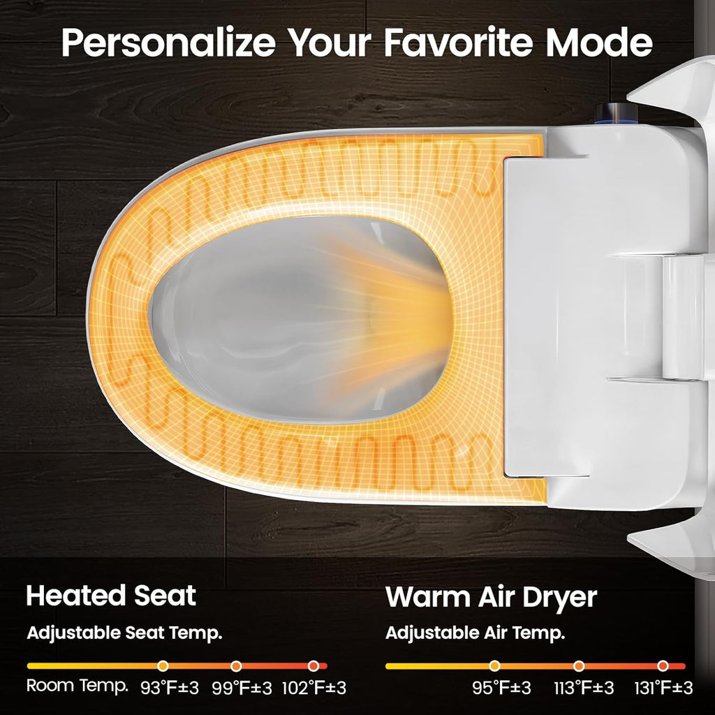 Smart Toilet with Built-In Bidet, Auto Open and Close Lid, Heated Seat, Warm Air Dryer, Night Light, Powerful Auto Flush, Remote Control, Kick Button