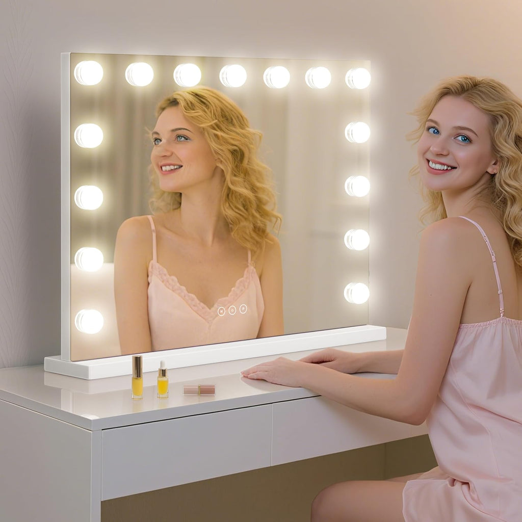 Vanity Mirror with Lights Lighted Makeup Mirror with 15 Dimmable LED Bulbs,3 Color Lighting Modes,USB Charging Port