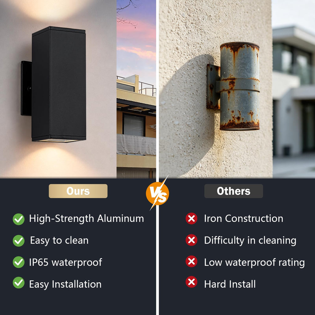 4 Pack Square Up Down Outdoor Wall Lights, Black Exterior