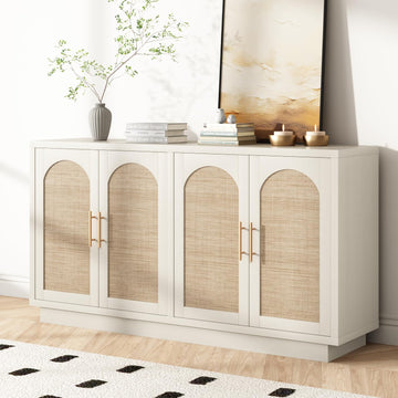 59" Rattan Sideboard Buffet Cabinet with Storage, 4 Arched Doors