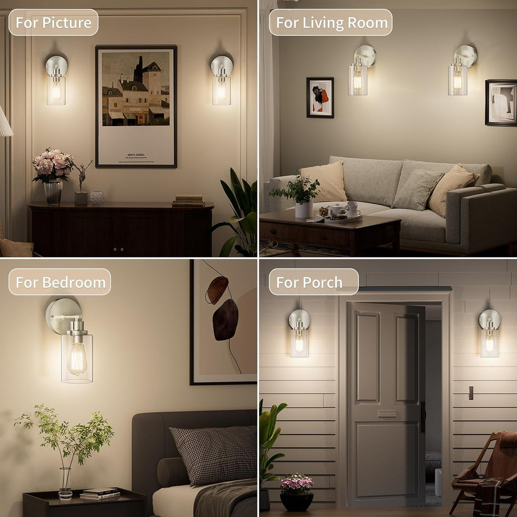 Bathroom Wall Sconces Set of 2, Brushed Nickel Vanity Light Fixtures | E26 Base, LED Indoor Wall Mount Lamp