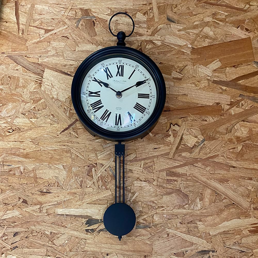 Vintage Wall Clock 8 inch Round, Black Wall Clocks with Pendulum Battery Operated, Kichen, Bathroom, Home Office Wall