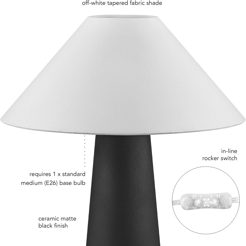 Novogratz x 18" Ceramic Table Lamp, Matte Black, Off-White Tapered Fabric Shade, in-Line Rocker Switch