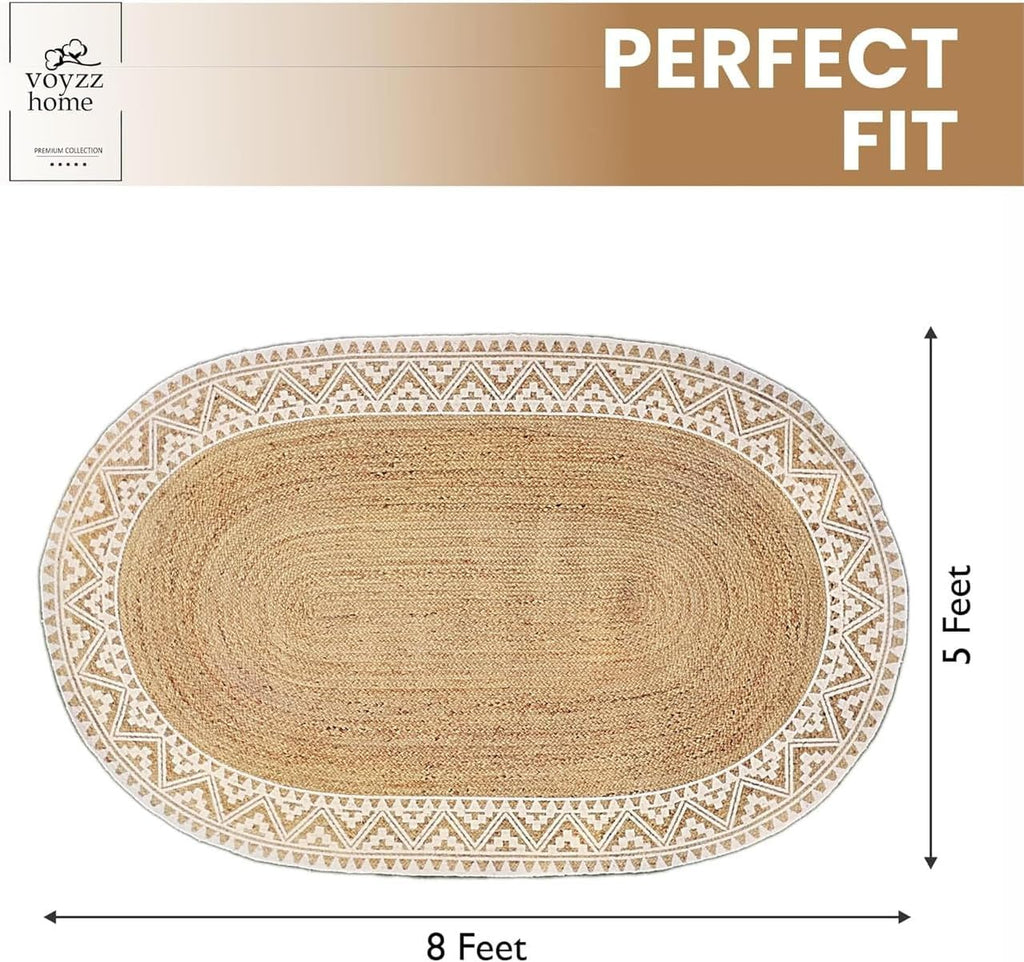 5X8 Feet-Oval, Premium Natural Jute Braided Area Rug, White Printed Border & Backing, Stain Resistance, Natural