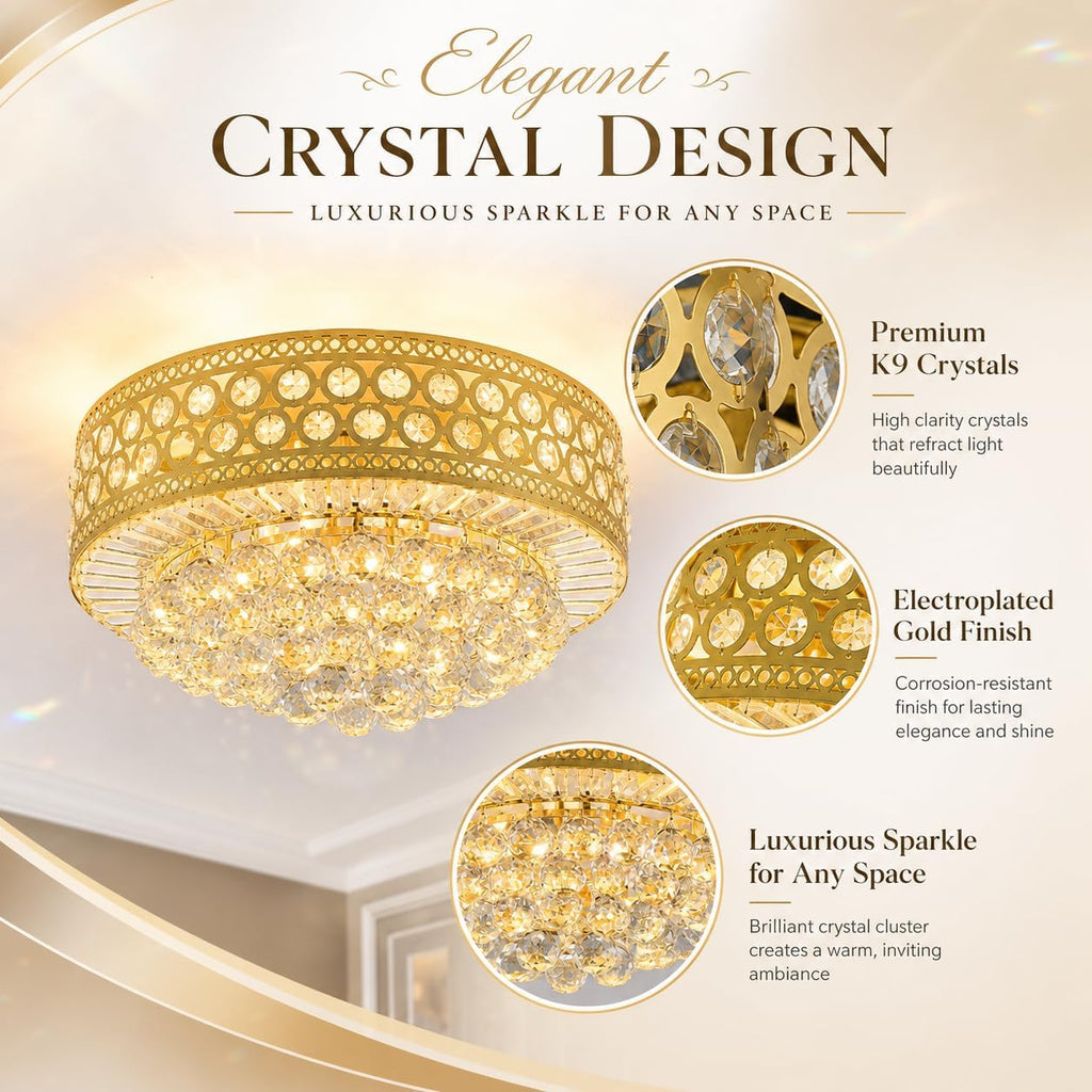 Luxury Crystal Ceiling Light Fixture, 20 inch Flush Mount Chandelier, Modern Round K9 Crystal Ceiling Light for