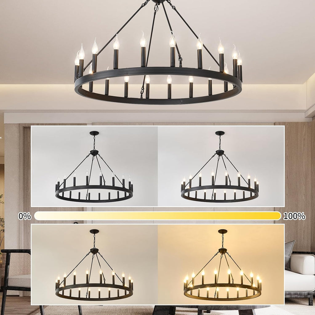 Black Wagon Wheel Chandelier 40 inch,20-Light Farmhouse Wagon Wheel Chandeliers Round Industrial Ceiling Light