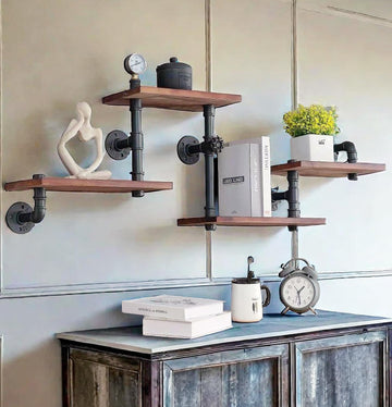 Industrial Rustic Modern Solid Wood Ladder Pipe Wall Mounted Floating Shelves - 4 Tiers Bookshelf,DIY Storage