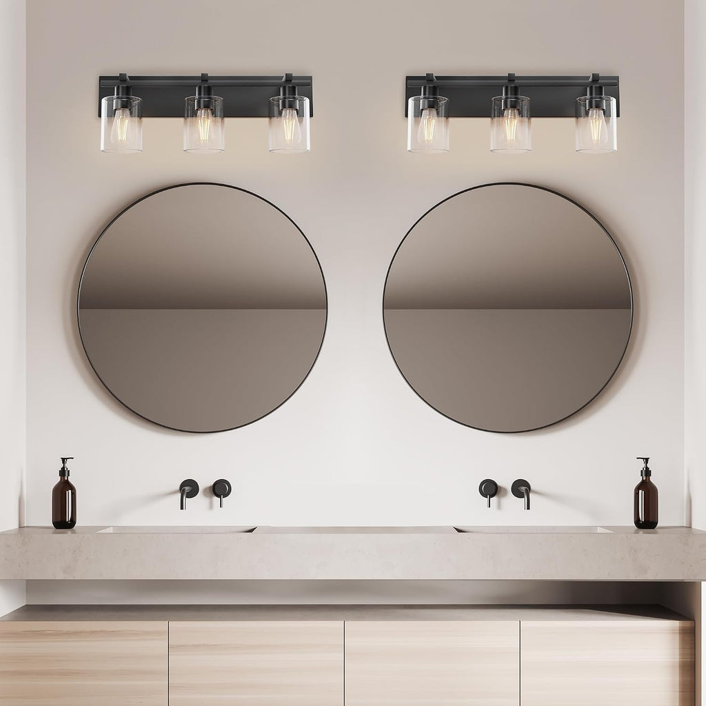 Bathroom Vanity Light,3 Light Matte Black Vanity Light with Thickened Clear Glass Shade, 21 inch Dimmable Modern Wall