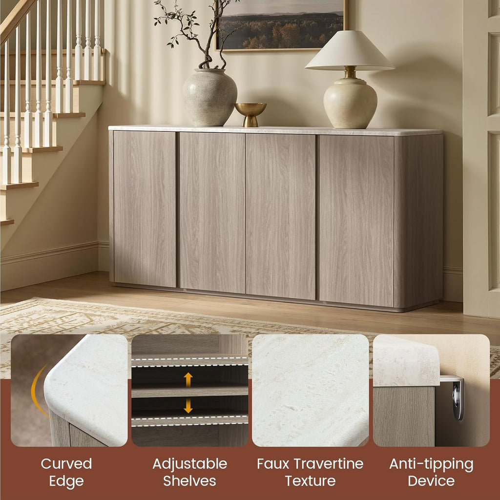 67" Sideboard Buffet Cabinet with Faux Travertine Texture, Storage Credenza with 4 Doors & Adjustable Shelves