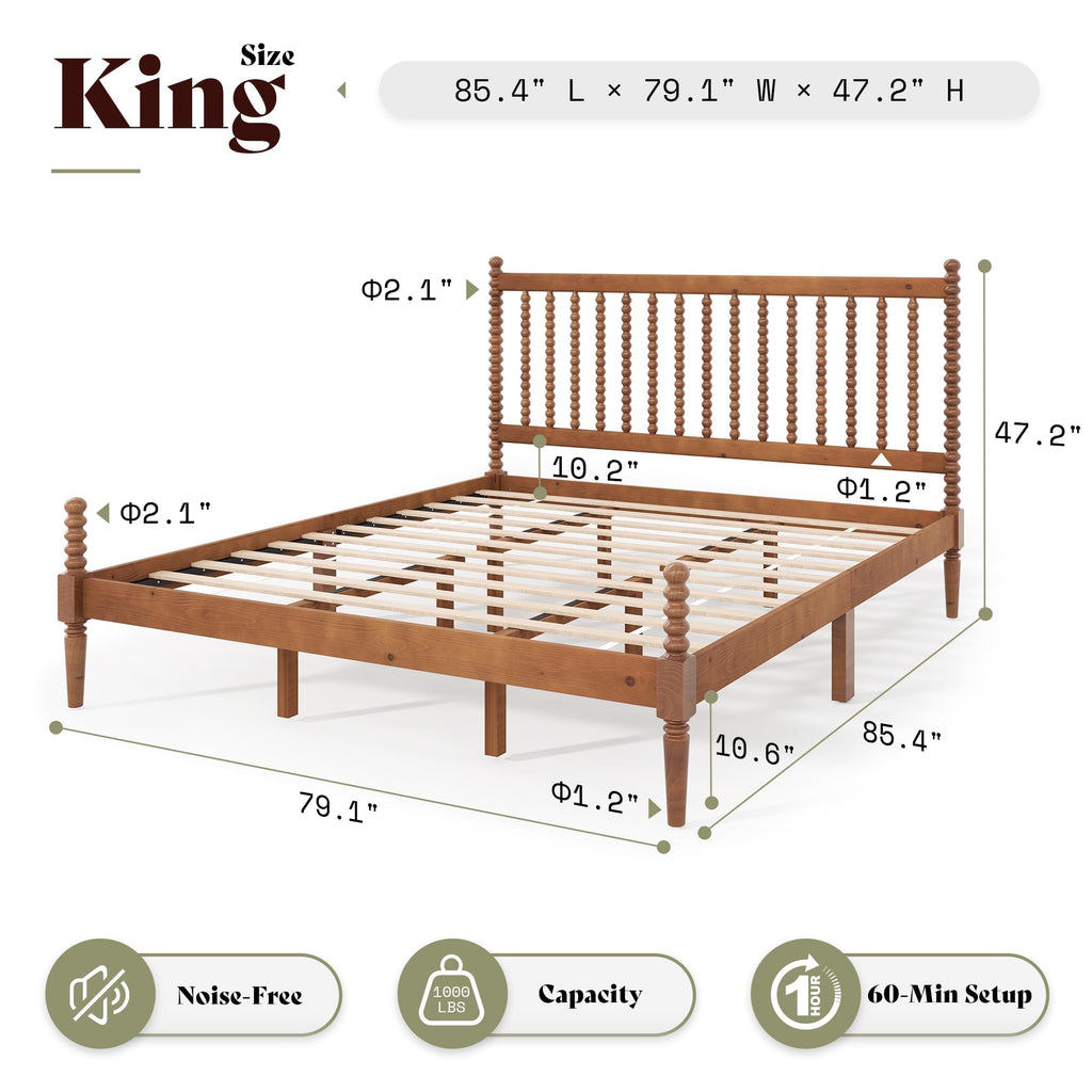 Solid Wood Bed Frame, Spindle Headboard, King Size Honey Brown