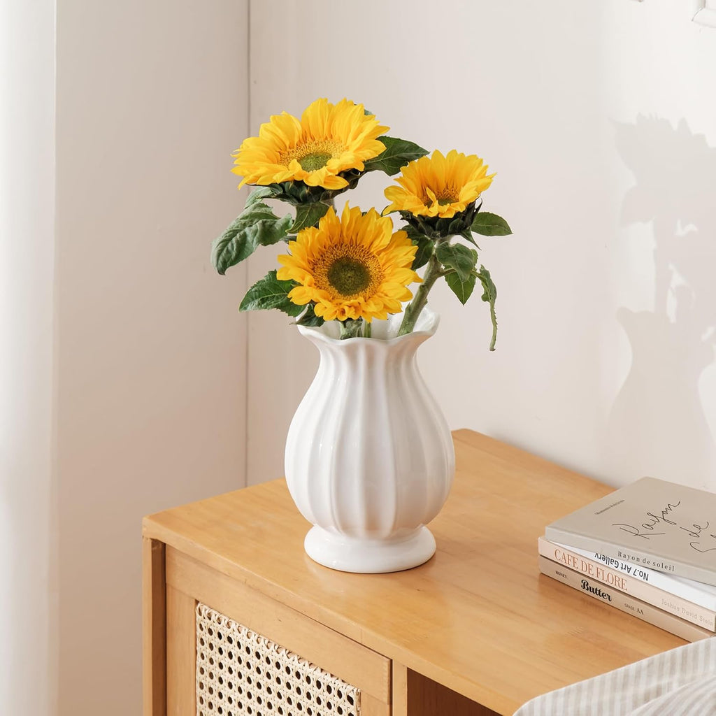 White Ceramic Vase, 7.8 Inch Flower Vase Home Decor Modern Decorative Vases