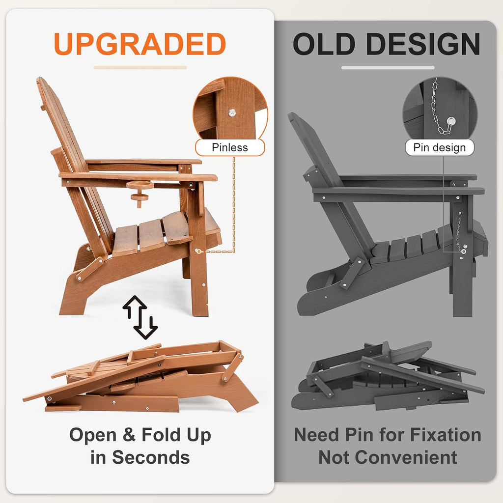 Folding Adirondack Chair, Stable Fire Pit Chairs with Cupholder | Wood-Grain, Stable Gun-Leg, HDPE All Weather, No