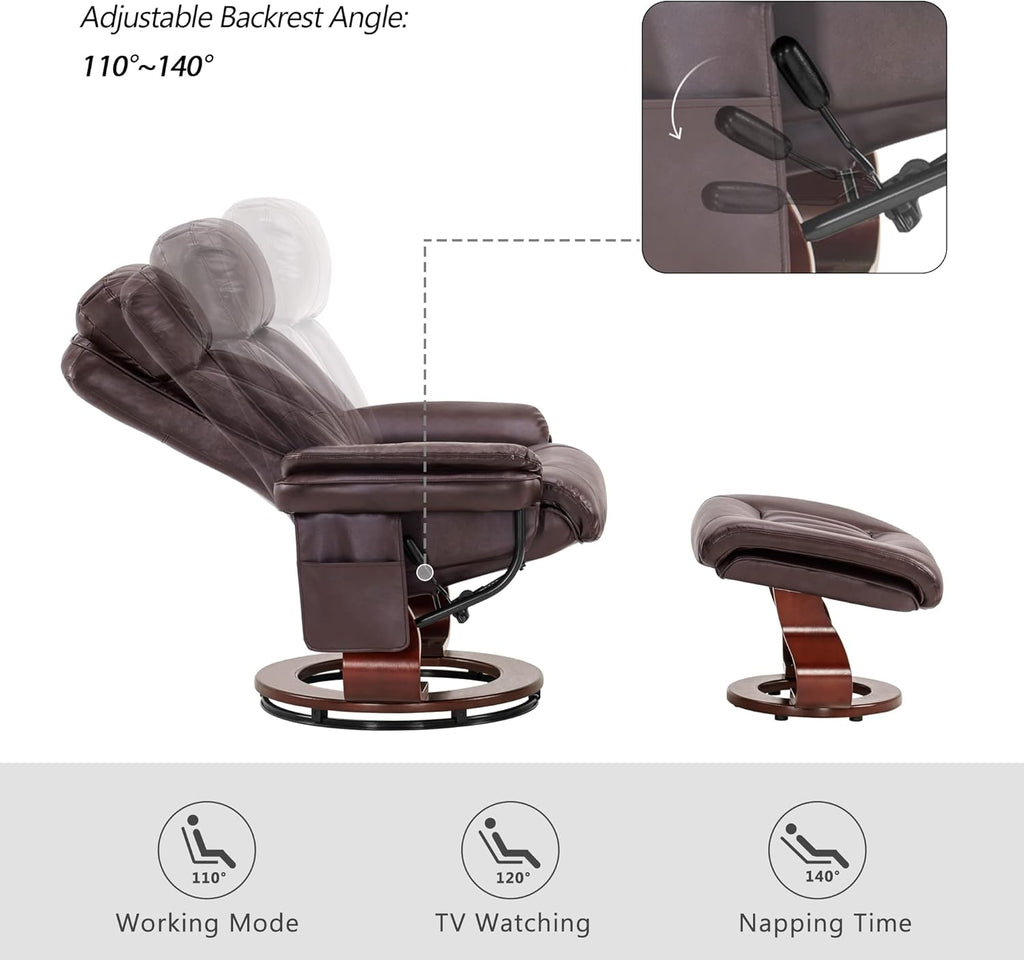 Modern Reclining Swivel Lounge Chair and Ottoman — Brown Faux Leather