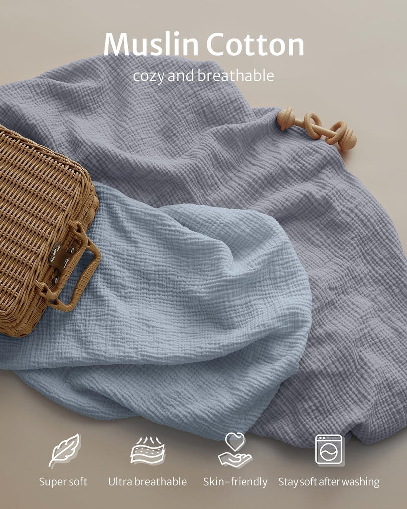 Muslin Crib Sheets, 2 Pack, Light Blue & Grey