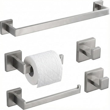 5 Piece Bathroom Hardware Set Brushed Nickel, SUS304 Stainless Steel Towel Bar Set, Modern Square Accessories with 16