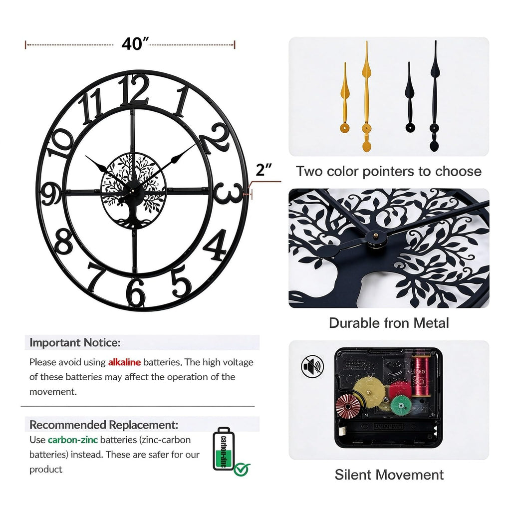 40 Inch Large Silent Wall Clock, Easy Assembly Arabic Numeral Black