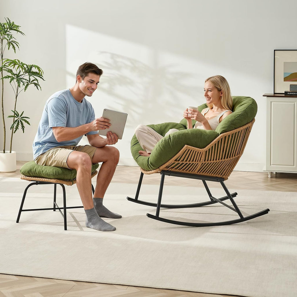 Papasan Rocking Chair with Ottoman, Oversized Papasan Chair, Olive Green | Indoor & Outdoor Rocker Chair with Padded