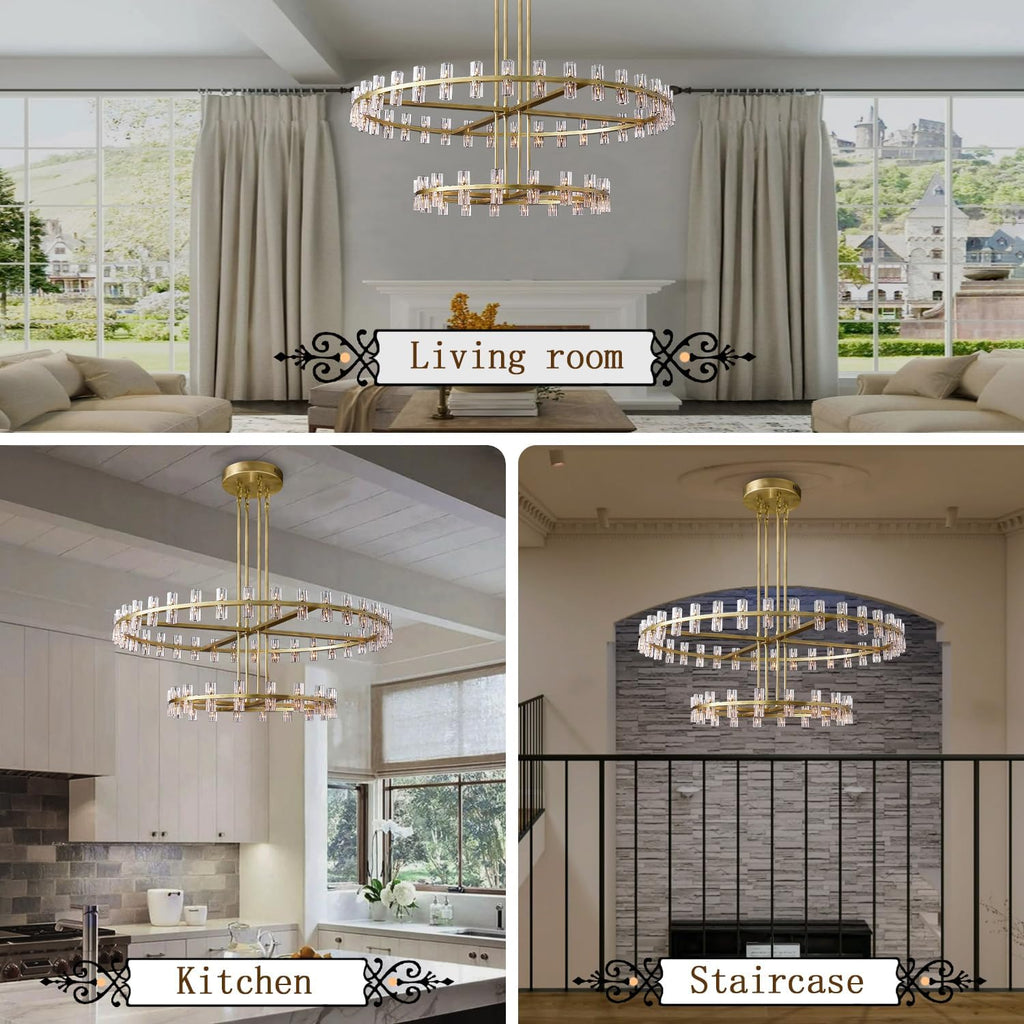 Inspired Arcachon Style 2-Tier Round Wagon Wheel Chandelier, 32" + 40" 72-Light Gold — Foyer, Great Room & Dining