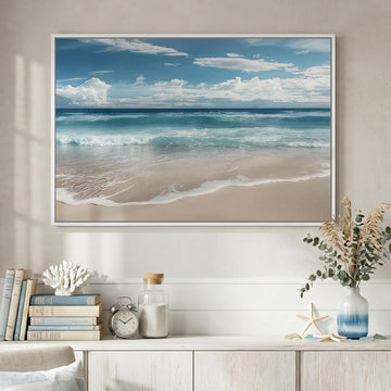 Framed Coastal Beach Wall Art for Room Decor, Blue Ocean Seascape Canvas Artwork for Walls, Nature Nautical Cozy