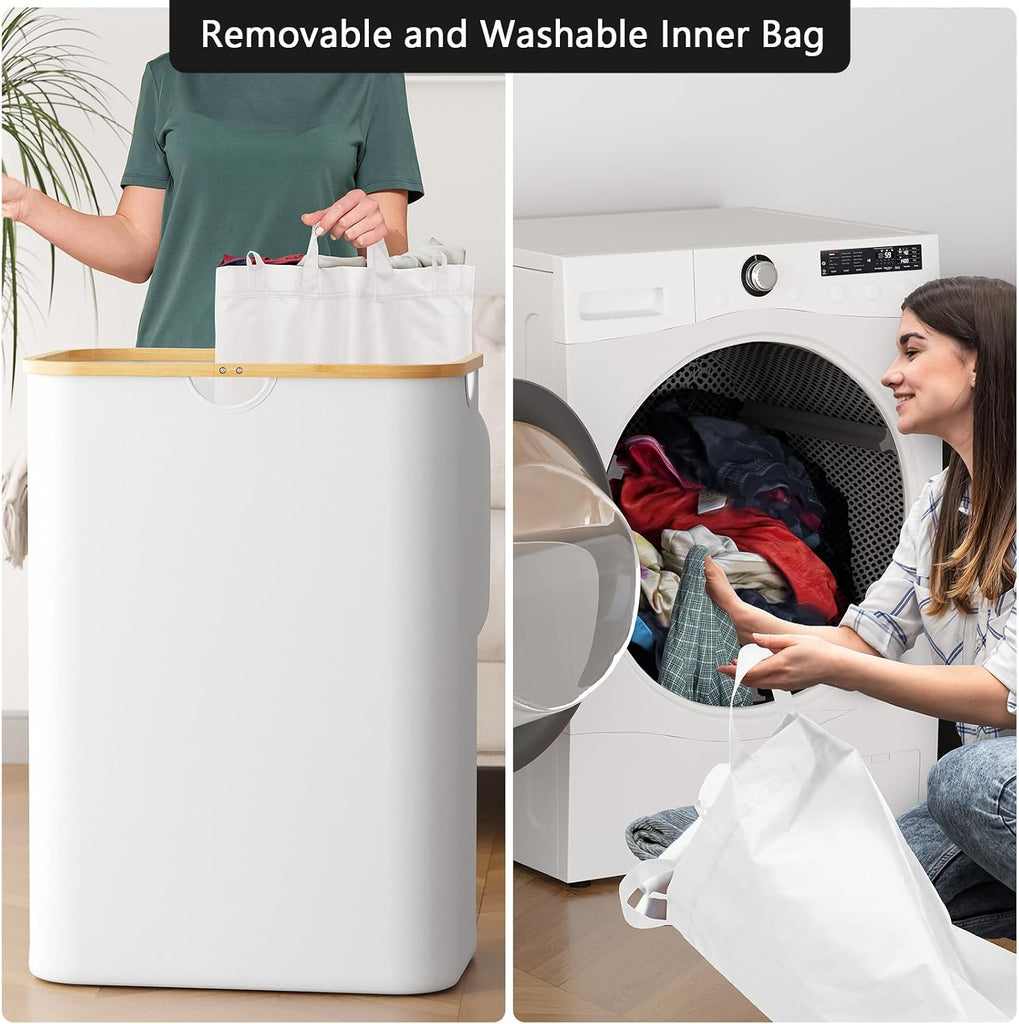 Double Laundry Hamper 2 Section with Lid and Removable Laundry Bags, 160L Clothes Basket with Bamboo Handles, Large
