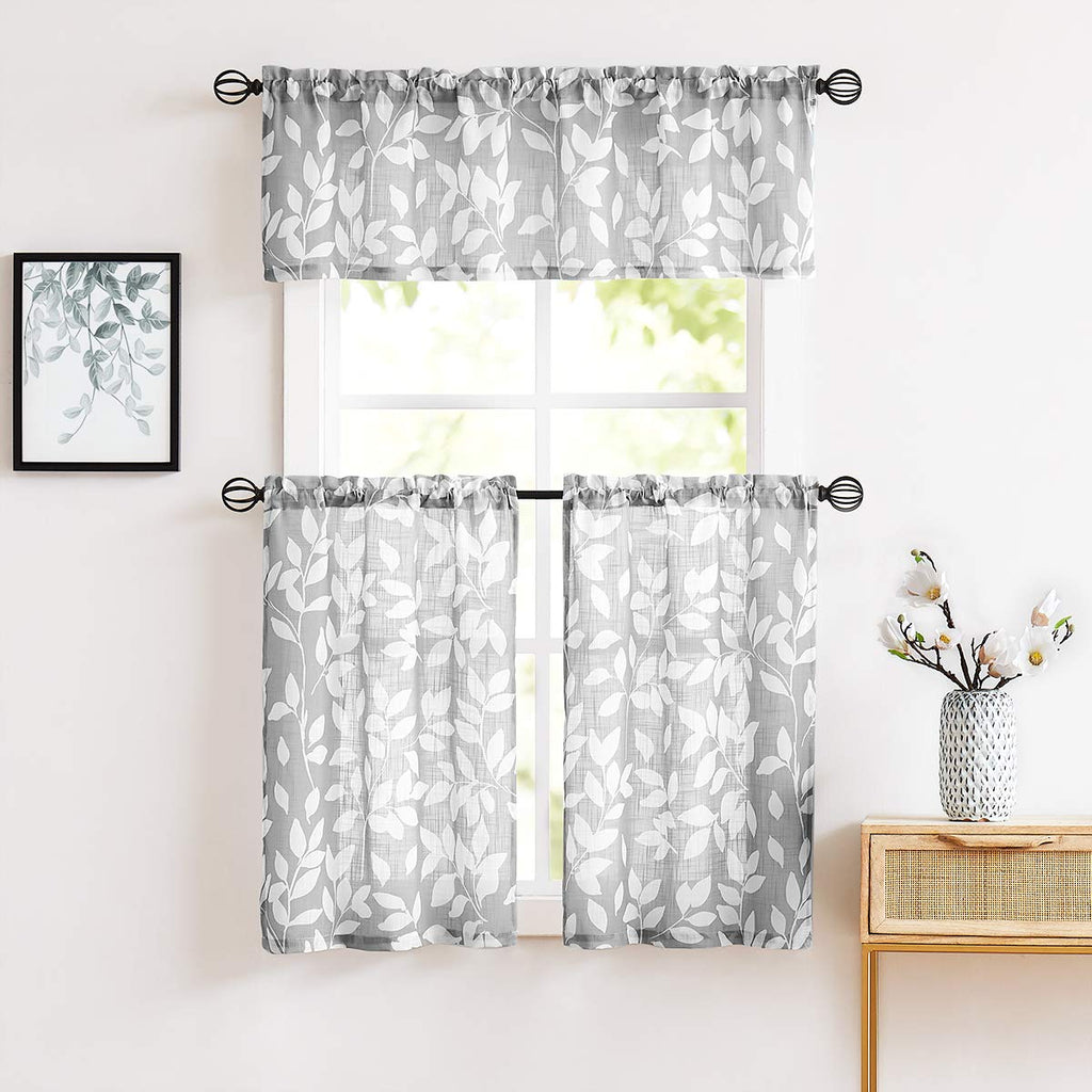 Grey White Kitchen Tier Curtains 27x36"L Short Leaf Print Cafe Curtain 2pc