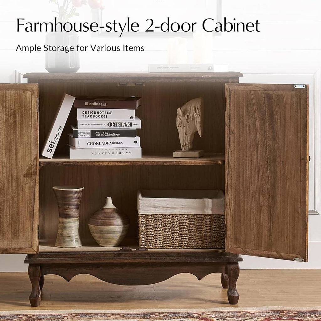 Solid Wood Sideboard with Adjustable Feet, 2 Shelves Storage Cabinet with Double Doors