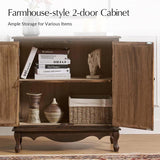 Solid Wood Sideboard with Adjustable Feet, 2 Shelves Storage Cabinet with Double Doors