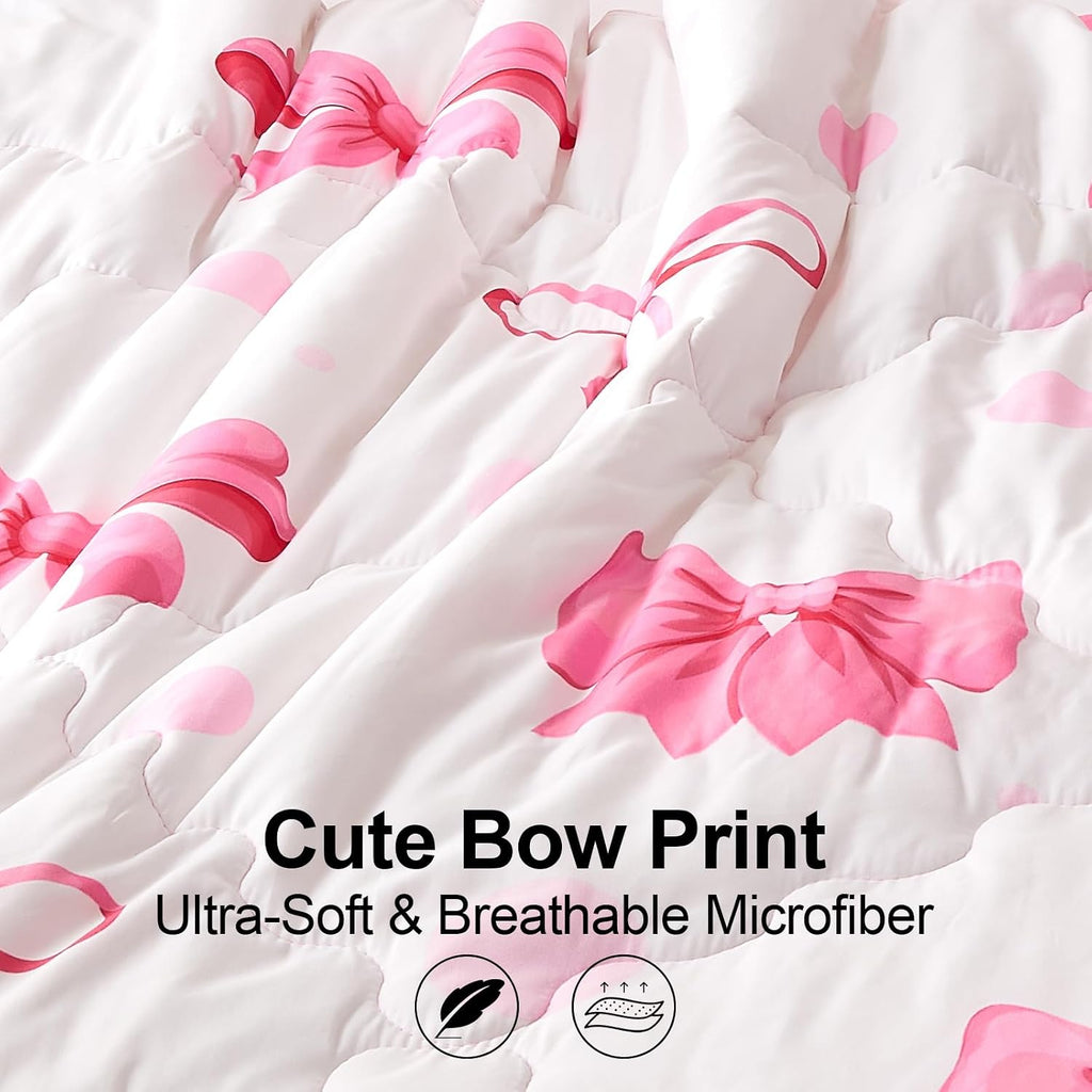 7 Piece Pink Bow Bedding Set for Girls Kids Comforter Set with Sheet and 2 Pillowcases 2 Pillow Shams Cute Girls