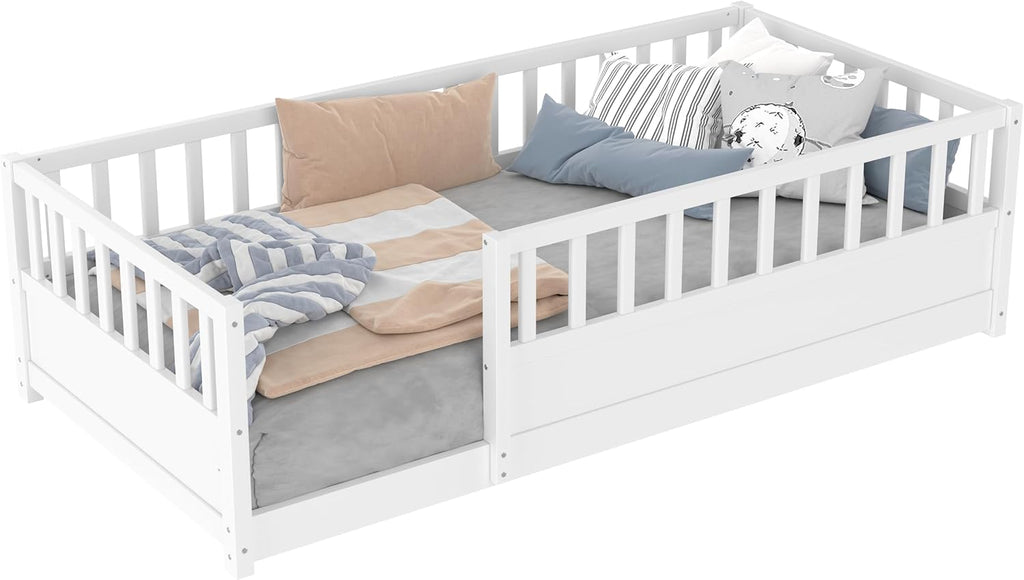 Twin Size Kids Montessori Floor Bed Frame with High Fence,White | Solid Wood,Full Surround Safety Guardrails,Slat