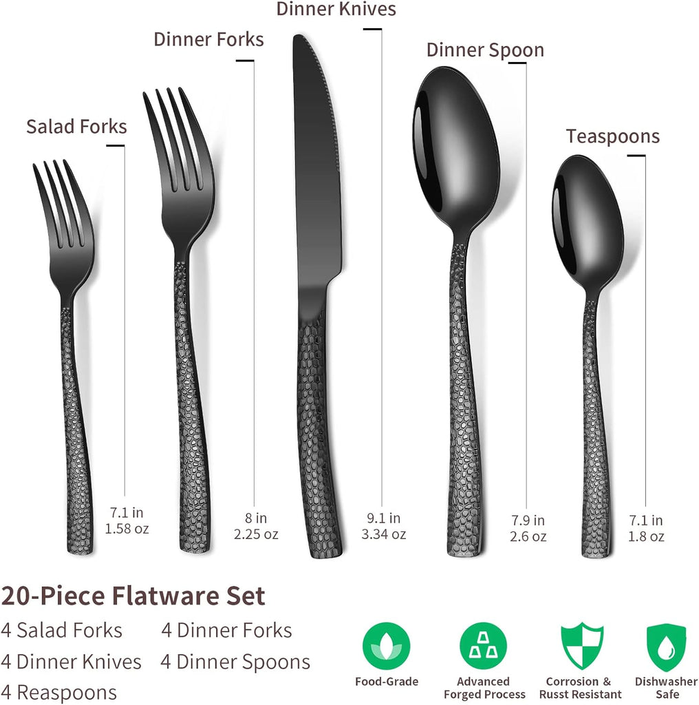 20-Piece Silverware Set, Black Hammered Stainless Steel Flatware for 4, Food-Grade Tableware, Including Fork, Knife