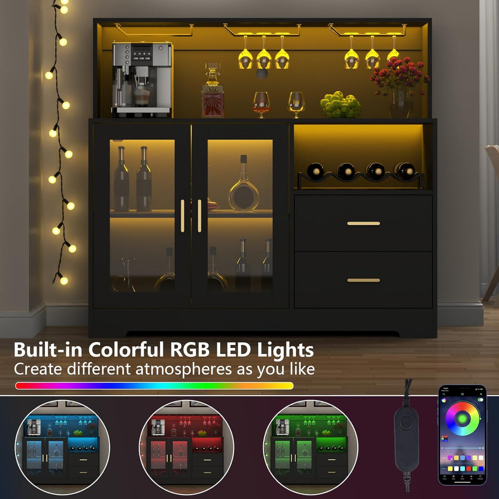 Bar Cabinet with LED Light,Coffee Bar Cabinet w/ Wine & Glass Rack | Wine Cabinets with Drawers & Microwave Stand