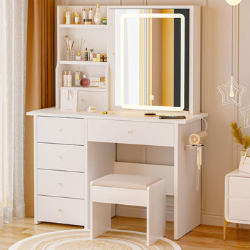 Vanity Desk with Mirror and LED Lights, Makeup Vanity Set with Power Outlet, and Stool,Jewelry Storage,White Vanity