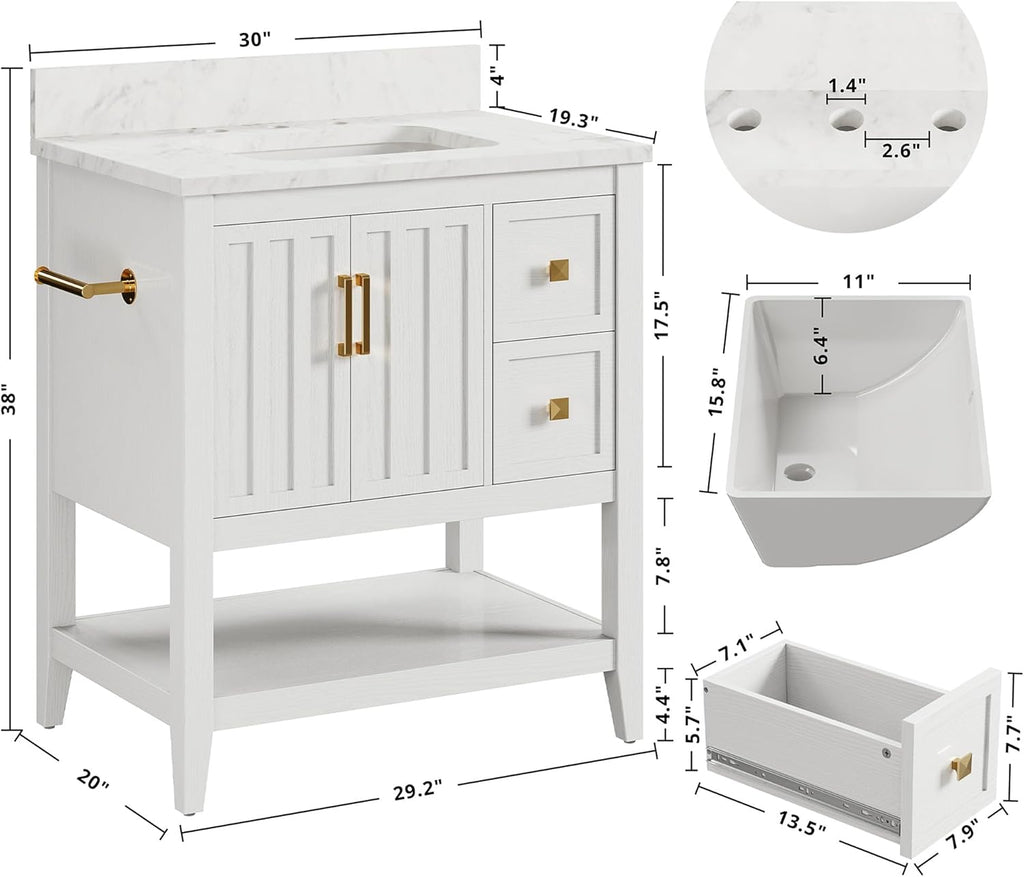 30" Bathroom Vanity with Sink, Bathroom Cabinet with 2 Drawers & Open Shelf for Guest Baths Master Suites or Rental Units, Industrial White