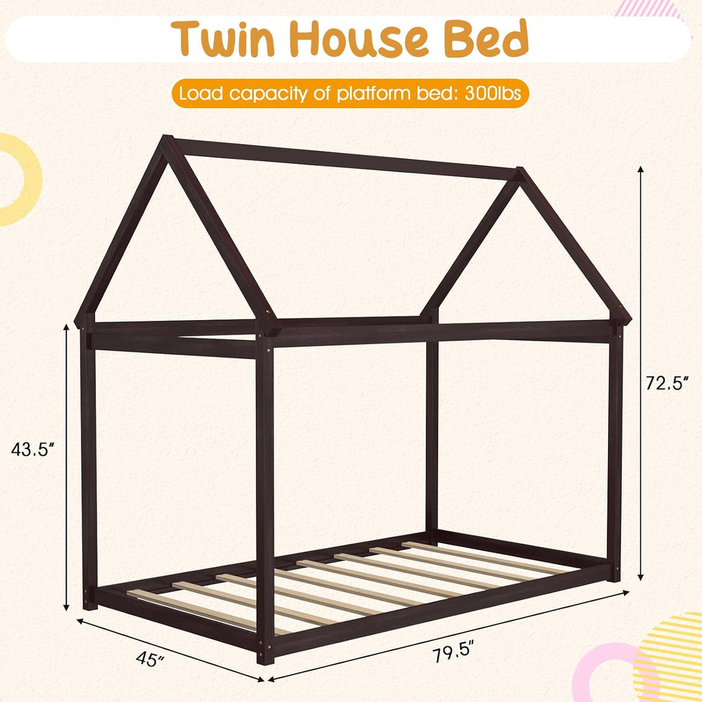 Twin Montessori Bed Frame with House Roof Canopy, Low Floor Bed with Sturdy Wood Slat Support, No Box Spring Needed