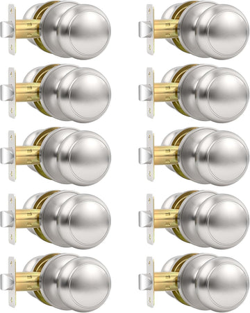 10 Pack Brushed Nickel Door Knob, Round Interior Door Knobs Closet, Non-Locking Passage Door Knobs, Keyless Door