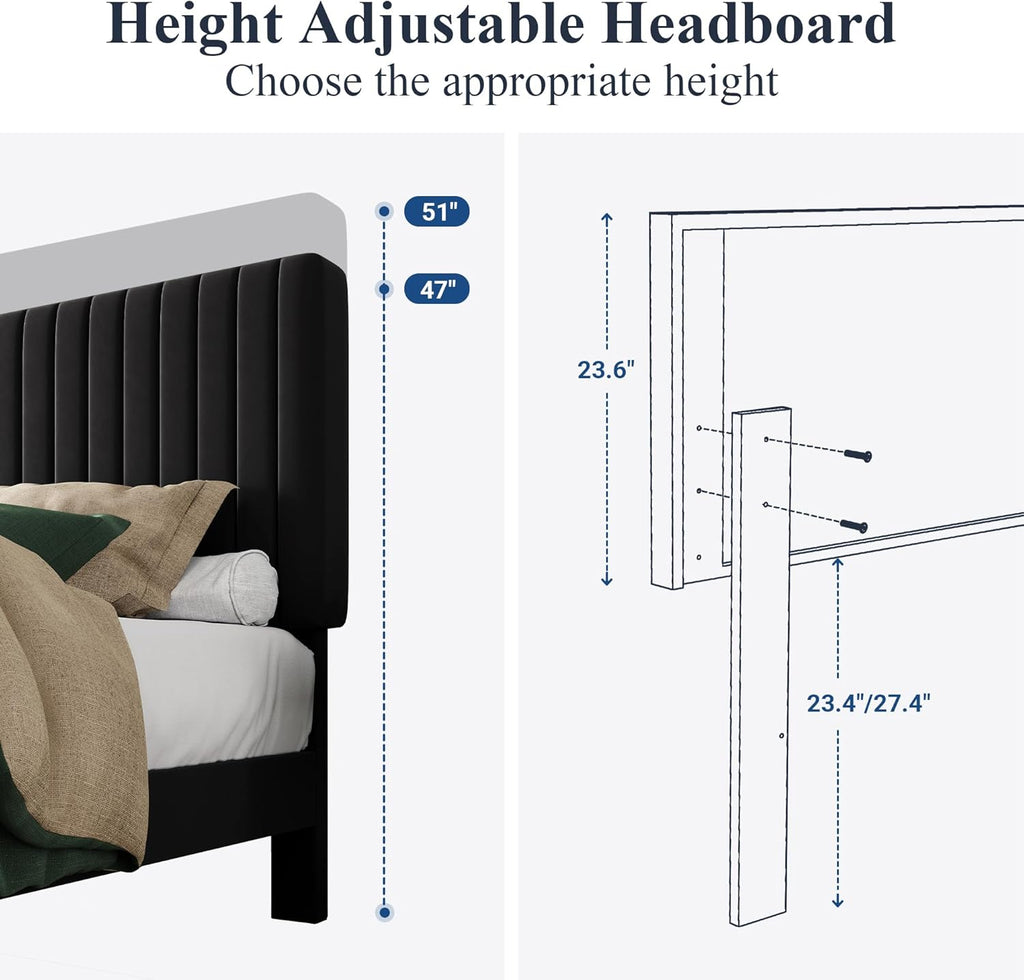 King Platform Bed Frame, Velvet Upholstered with Adjustable Vertical Channel Tufted Headboard