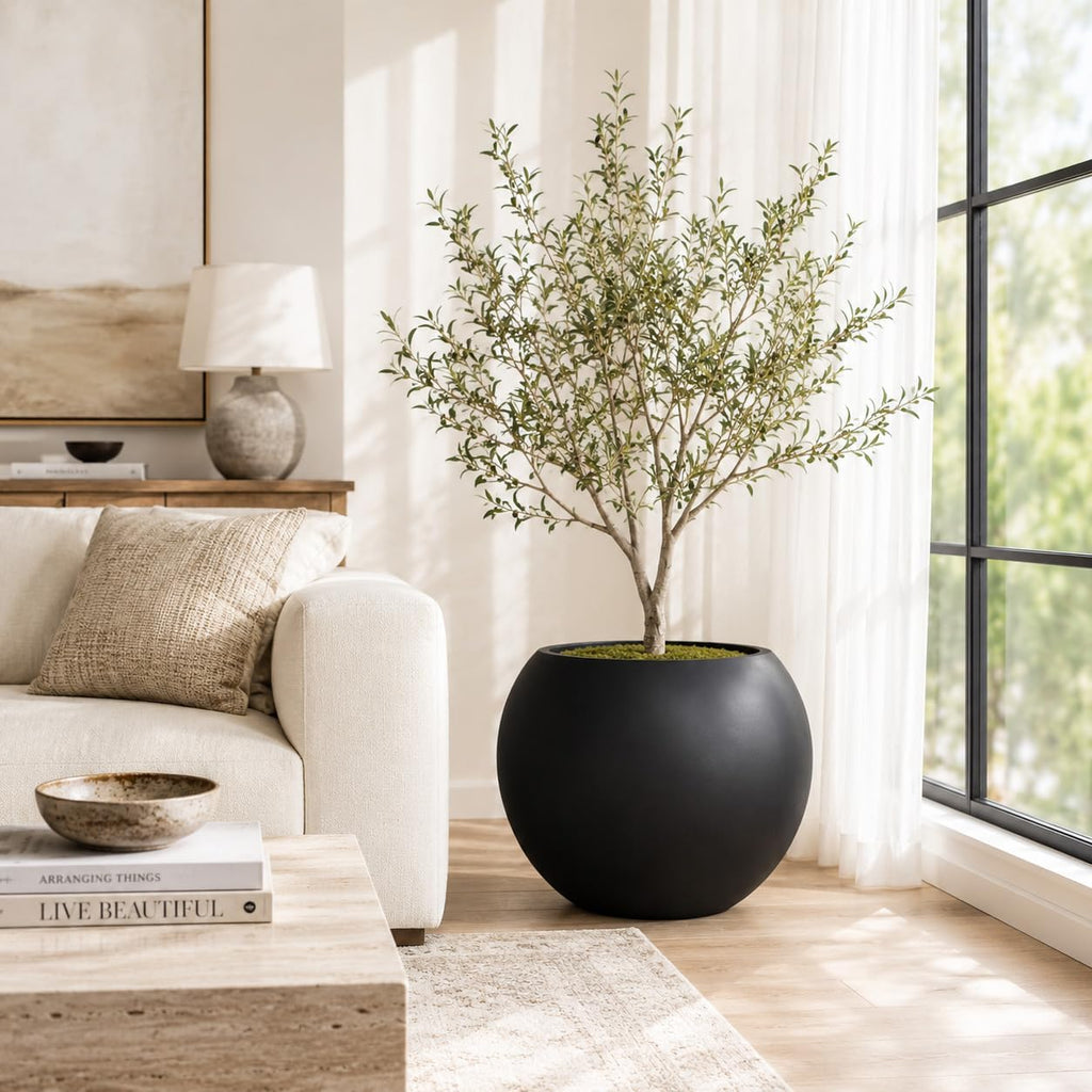 17" H x 21" Dia Black Fiberstone Planter Pot with Drainage Hole, Extra Large Indoor Outdoor Flower Pot for Artificial