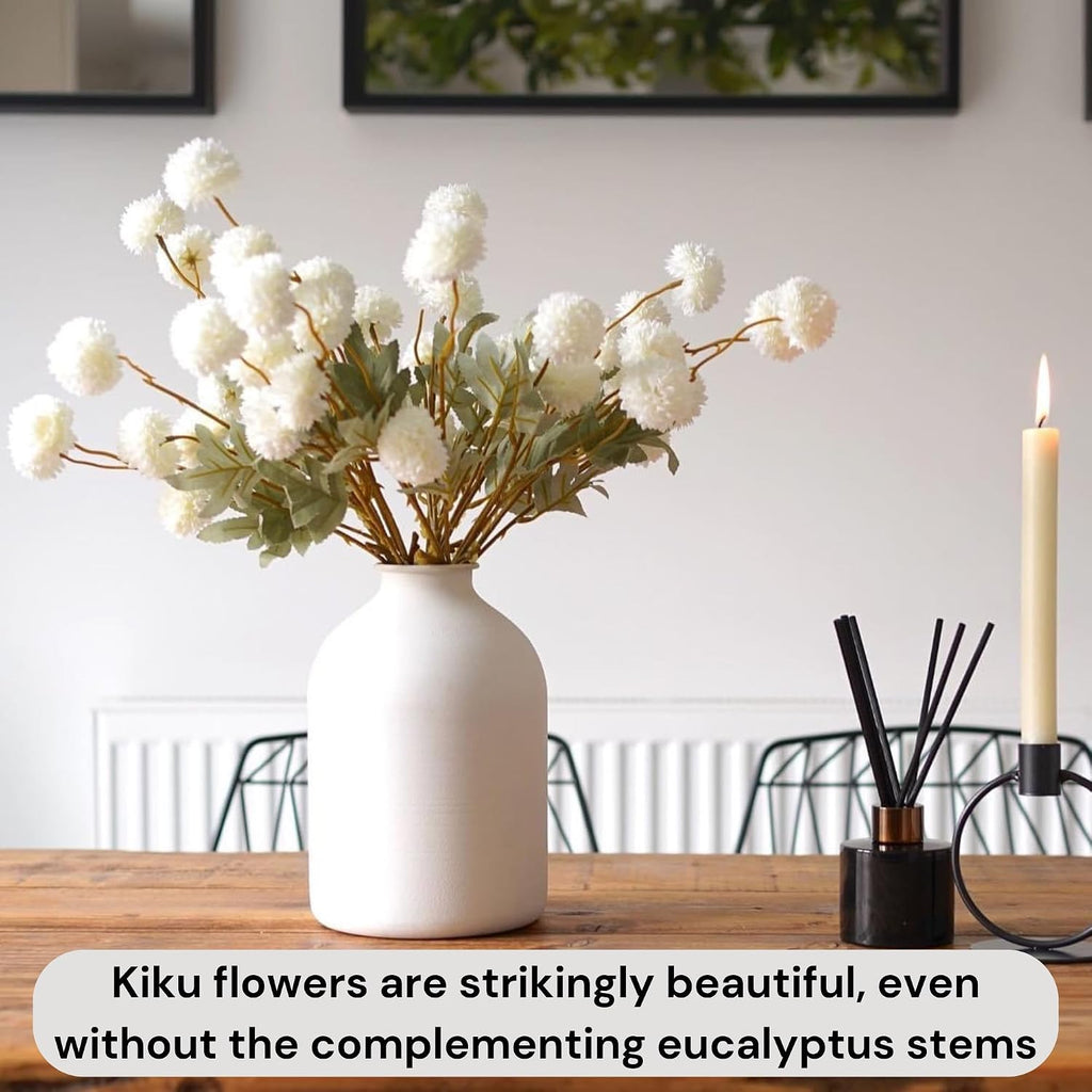 White Faux Kiku Flowers for Vase(NOT Included) - 10 Long Stem Artificial Flowers with Eucalyptus, Realistic Floral
