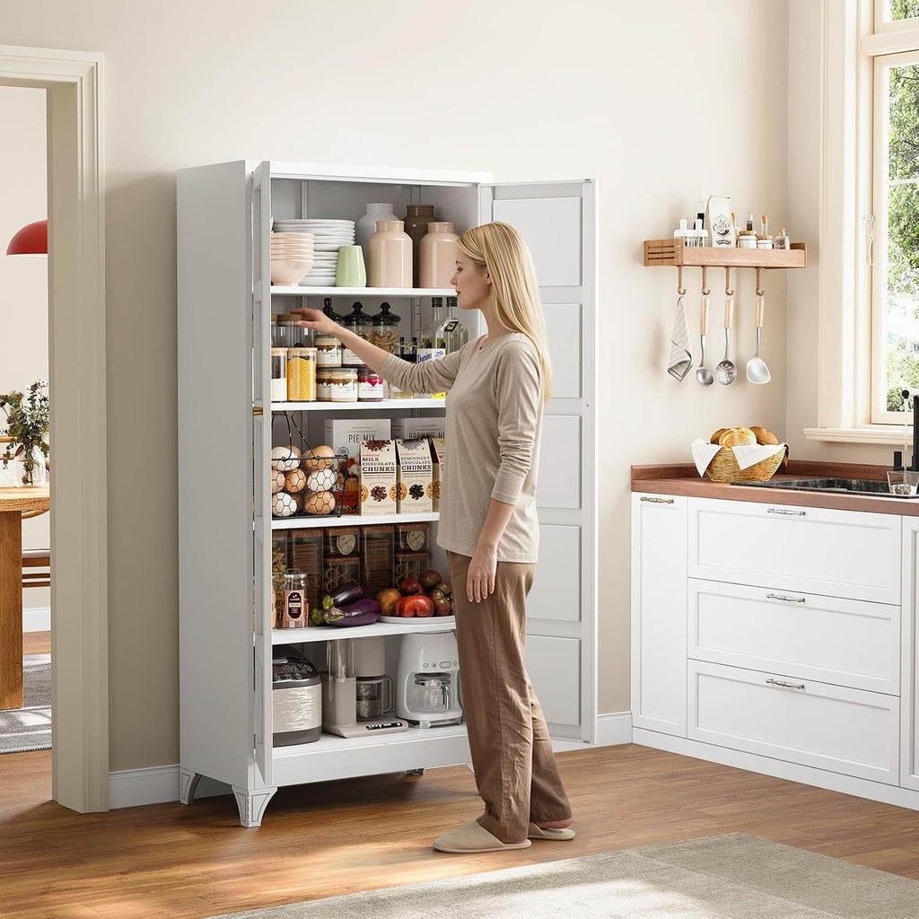 Metal Storage Cabinet with 2 Doors and 4 Adjustable Shelves,- 72" White Kitchen Pantry Storage Cabinet