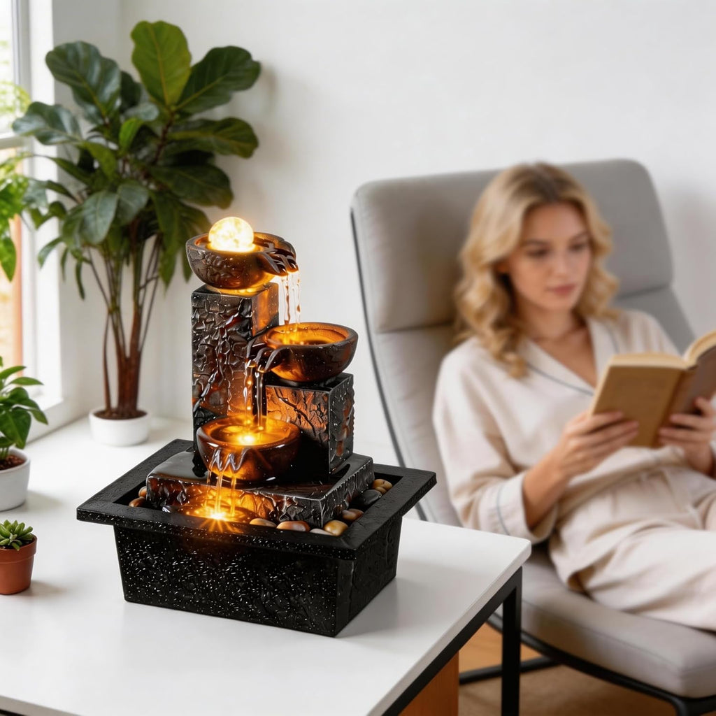 Three Bowls with Rotating Ball Flowing Tabletop Fountain Home Décor Indoor Decor Waterfall Sound Zen Mini Fountain