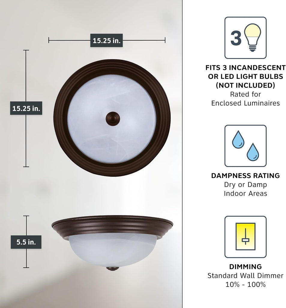 Reedley 3-Lights Flush Mount Ceiling Light, 15 Inch Lighting Fixture , and Hallway, White Alabaster Glass, Oil Rubbed